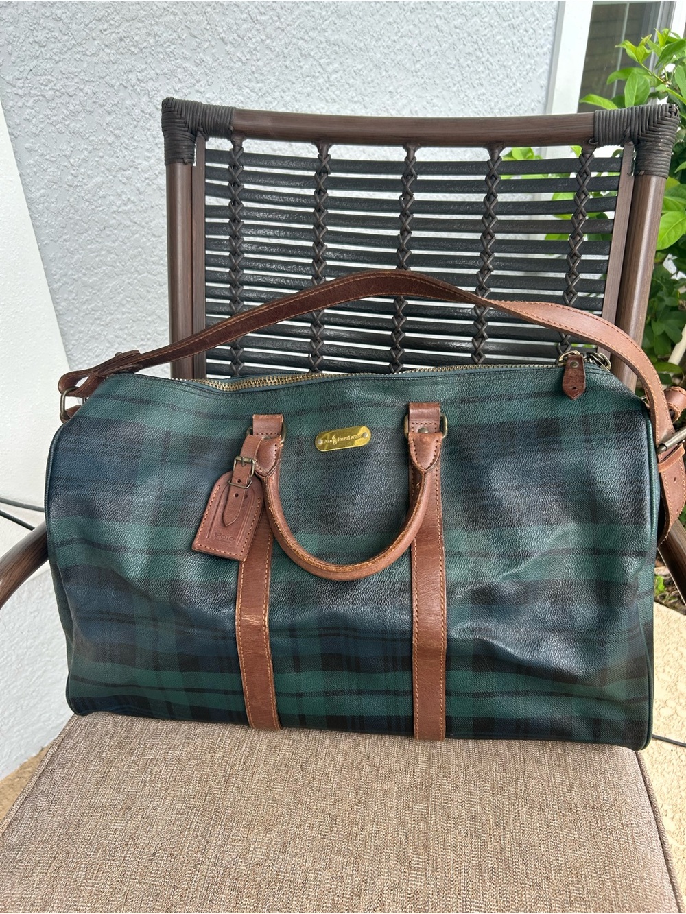 90s Ralph Lauren Plaid Leather-Trim Weekender Bag